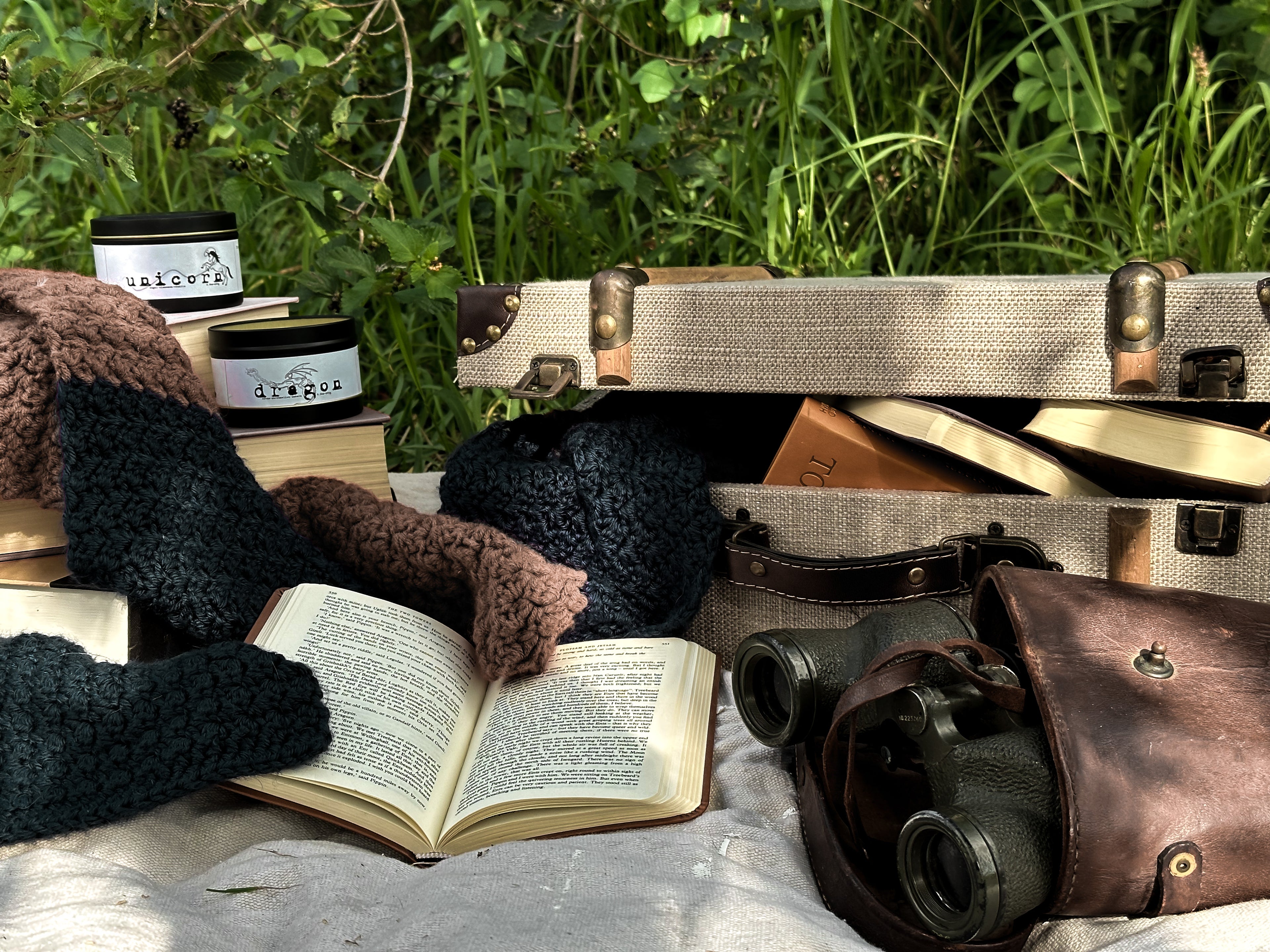 Arkaeologi odor eliminating pet candles on a stack of books. A scarf, open book and chest full of books surround them on a picnic blanket. 