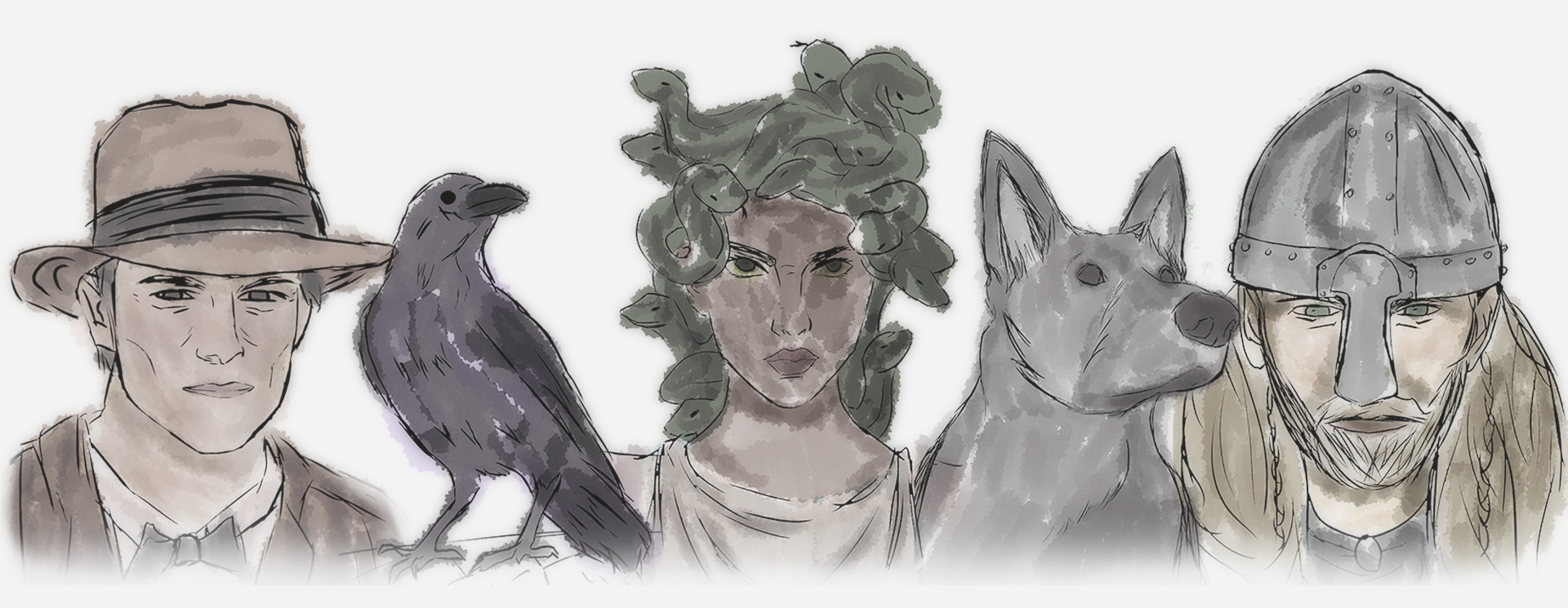 Digital watercolor of an archaeologist, crow, Medusa, a German shepherd, and a Viking.
