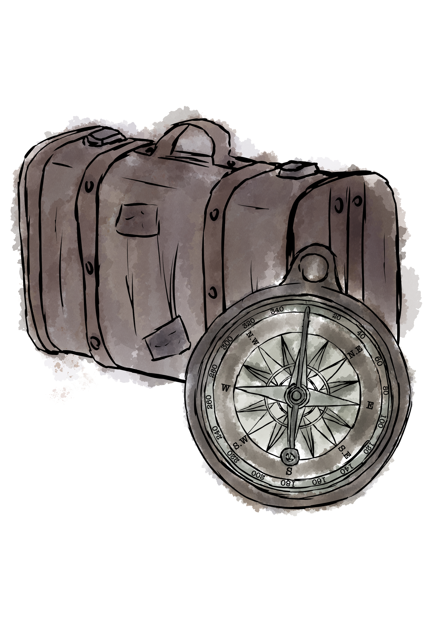 Digital watercolor of an old-fashioned suitcase and compass.