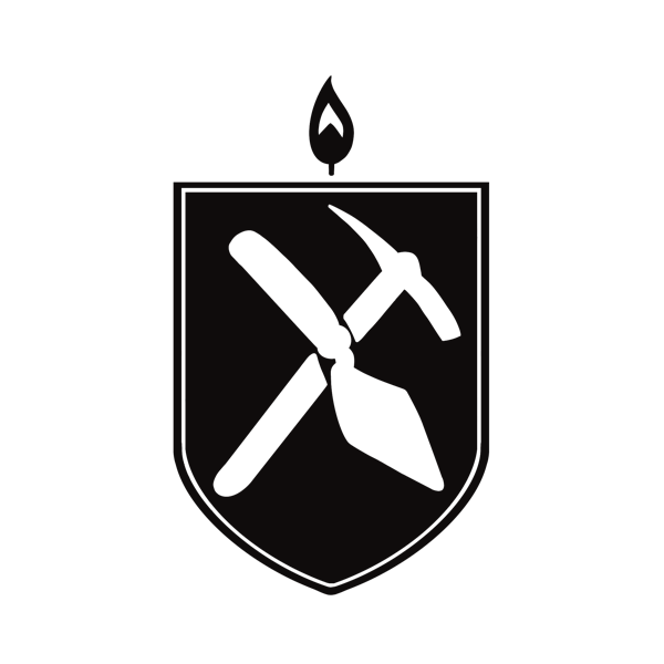 Black Arkæologi crest. A shield with a candle flame over it, a trowel and pickaxe crossed over each other inside.