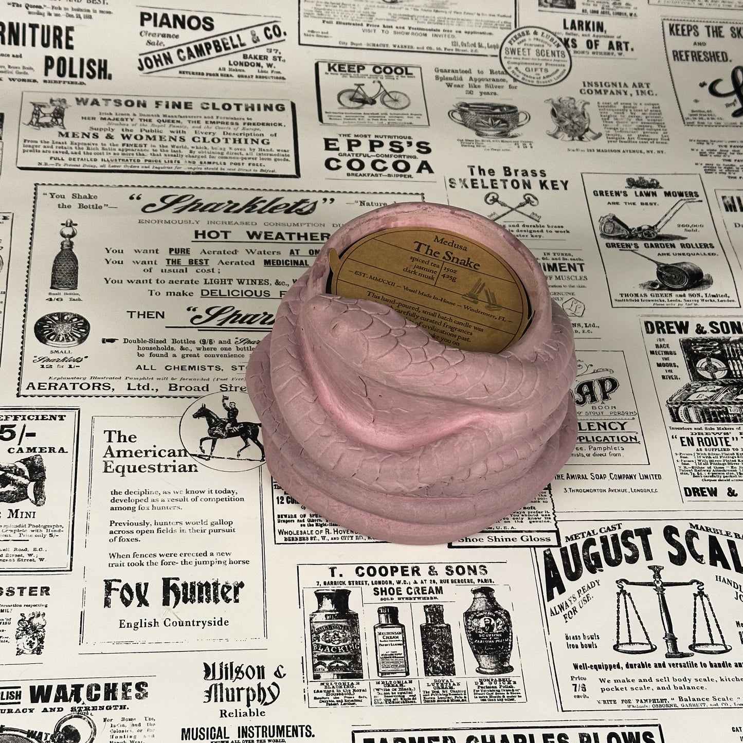 Pink Concrete Medusa Snake candle with brown insert and reads "The Snake" on vintage newspaper background.